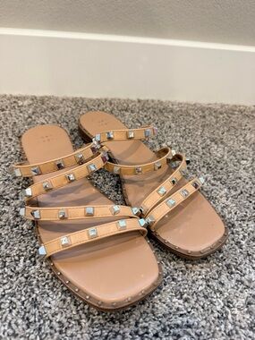 Women’s A New Day Tan Multi-Strap Stud Slide Sandals